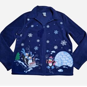 Christmas Holiday Full Zip Jacket Fleece Penguins Sequins Snowflakes Medium